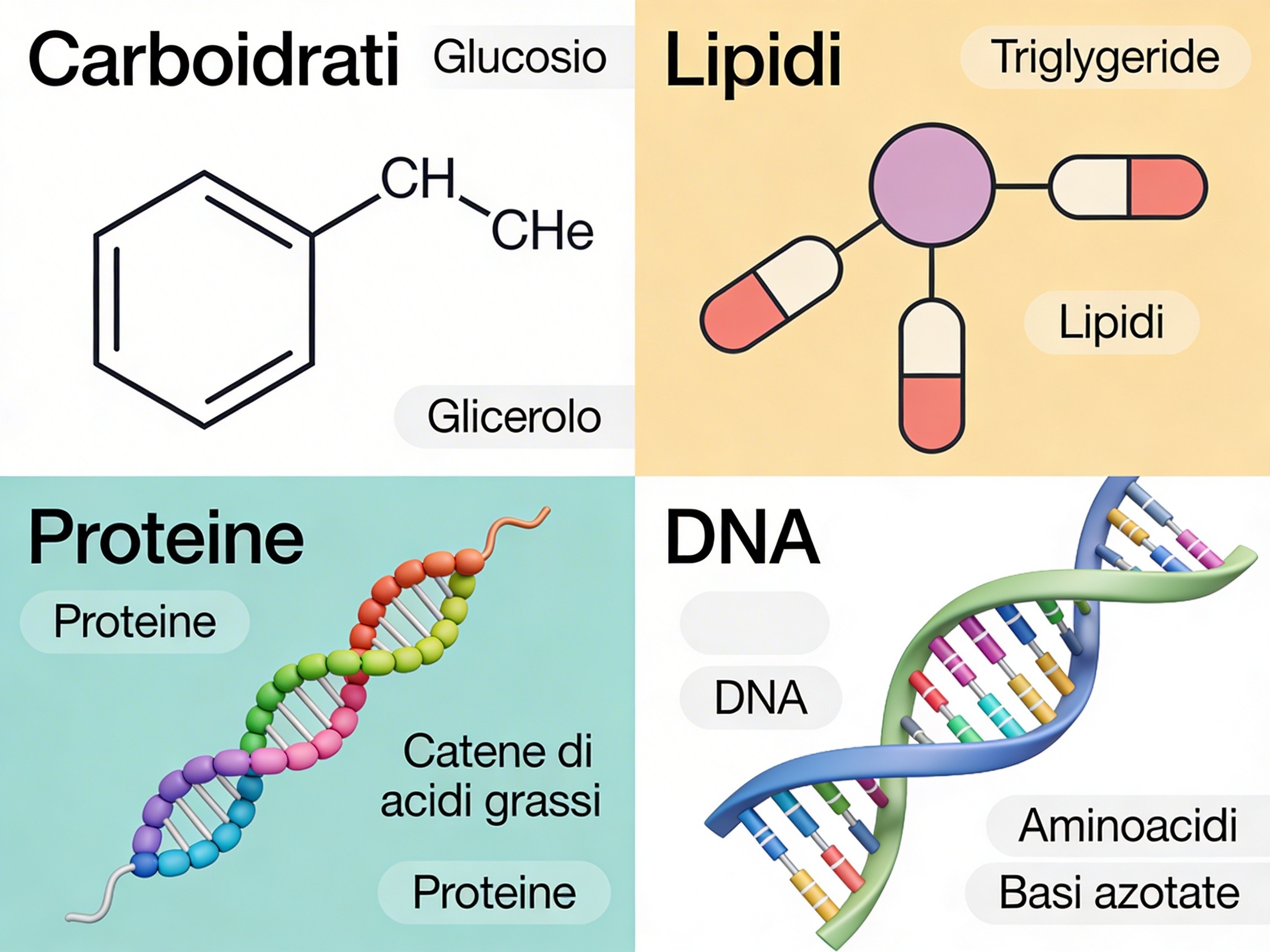 Schema comparativo delle quattro famiglie di biomolecole con le loro strutture chimiche di base