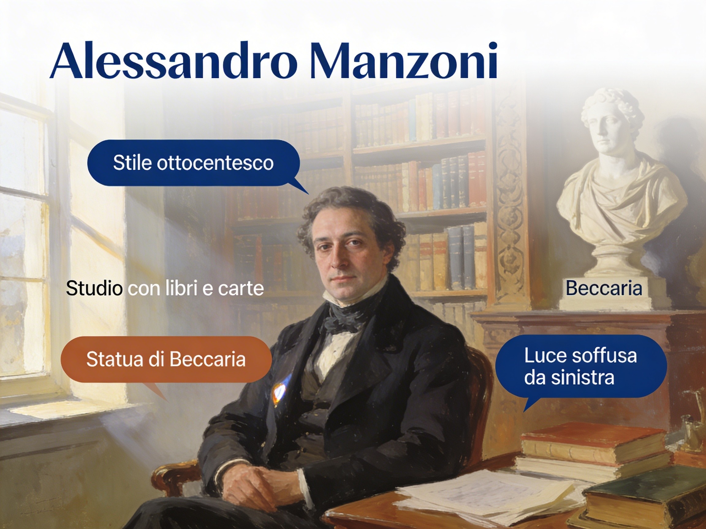 Ritratto di Alessandro Manzoni in età matura con sfondo della Milano ottocentesca