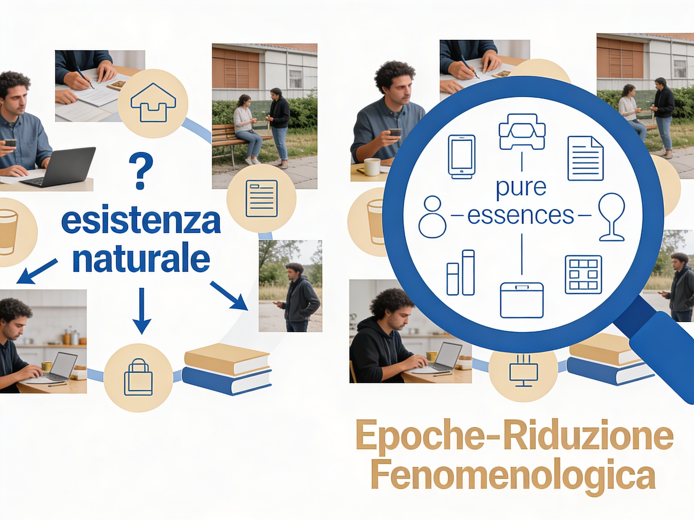 Schema della riduzione fenomenologica di Husserl con confronto tra atteggiamento naturale e atteggiamento fenomenologico