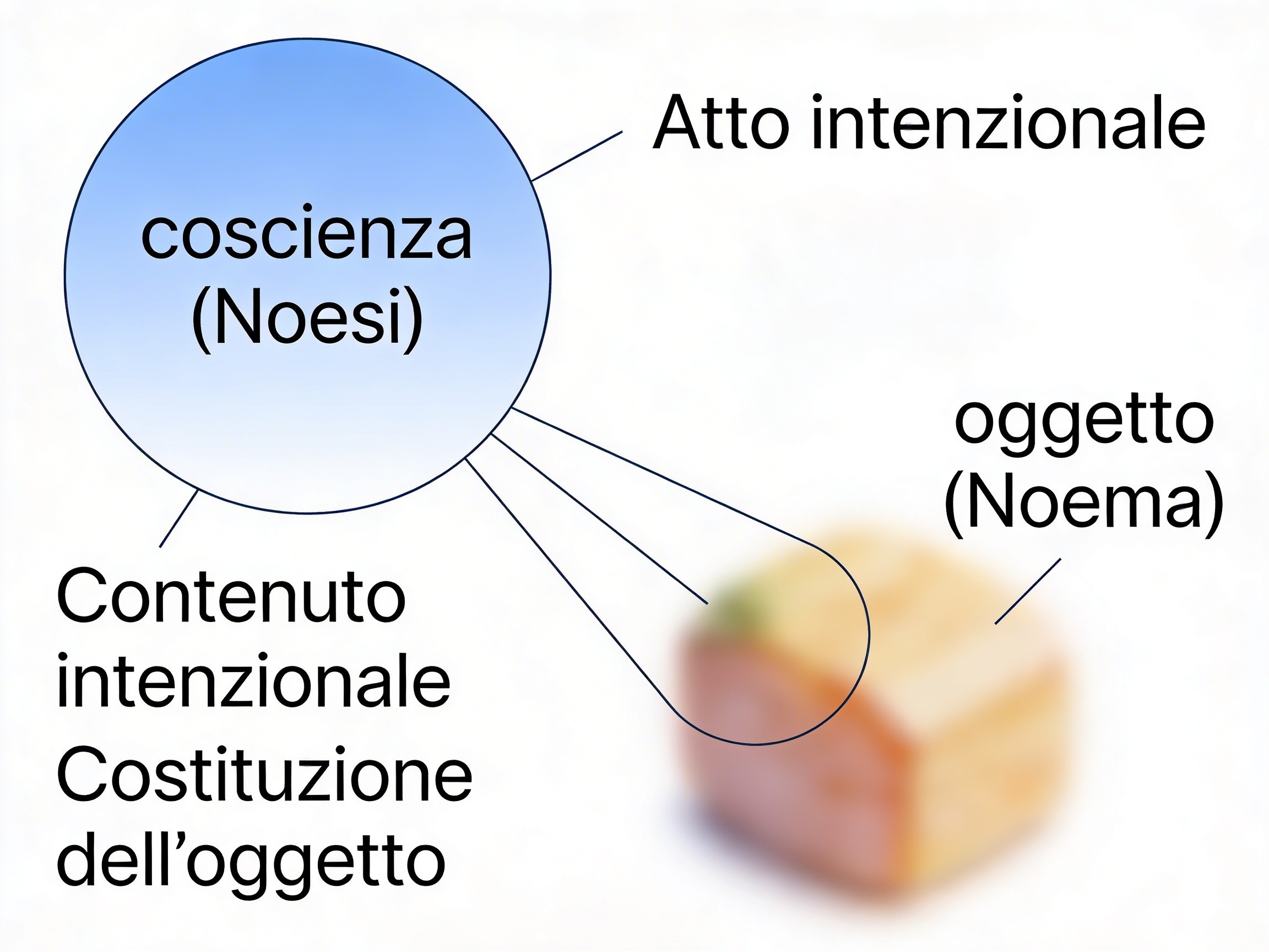 Diagramma dell'intenzionalità husserliana che illustra la correlazione tra noesi e noema nella costituzione dell'oggetto