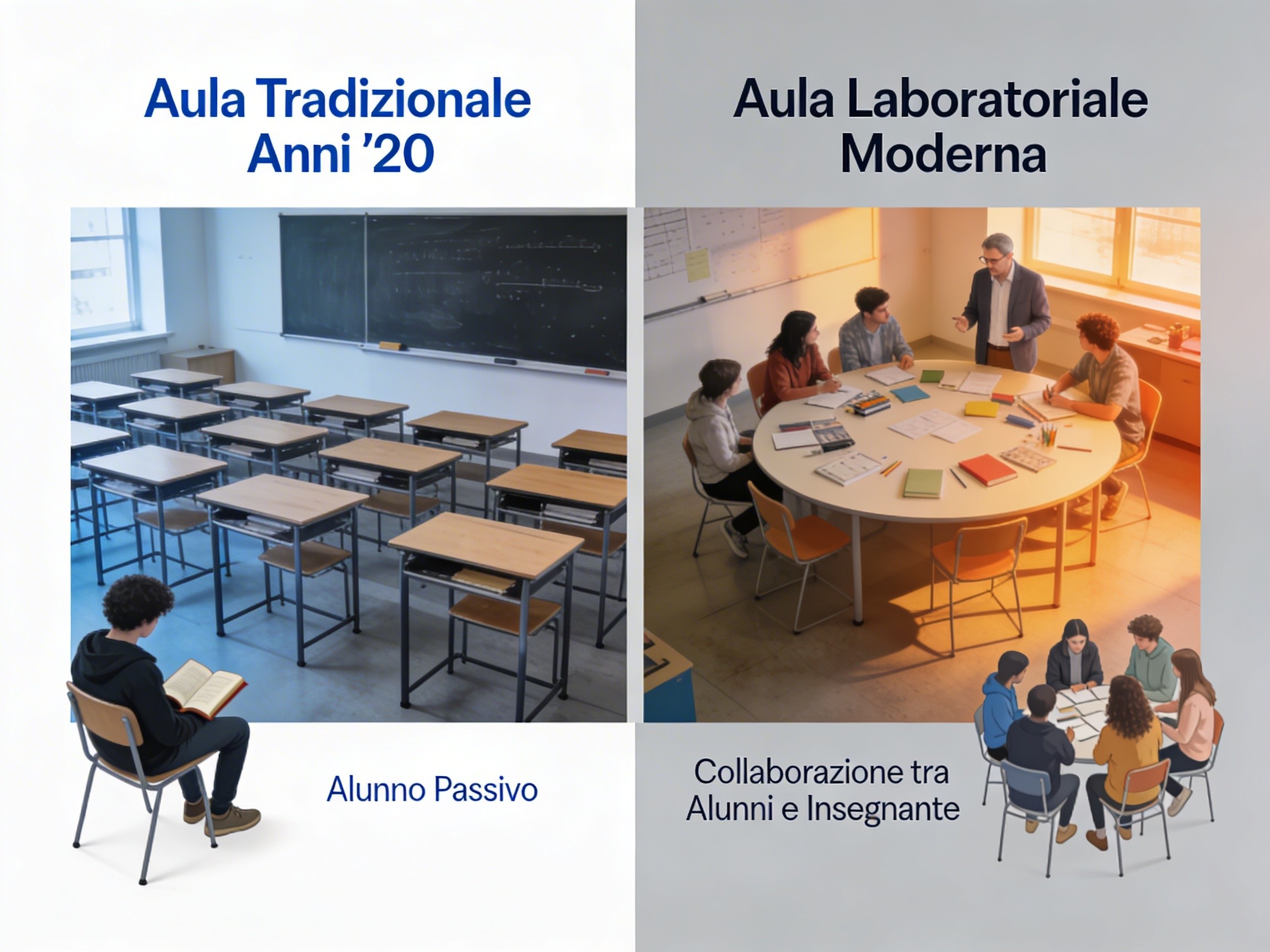 Confronto tra aula tradizionale con banchi in fila e aula laboratoriale con gruppi di lavoro