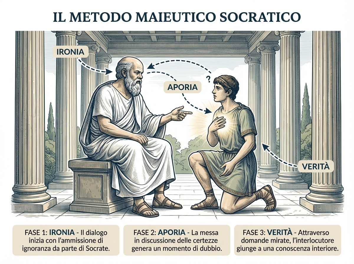 Illustrazione didattica del metodo maieutico socratico con Socrate che dialoga