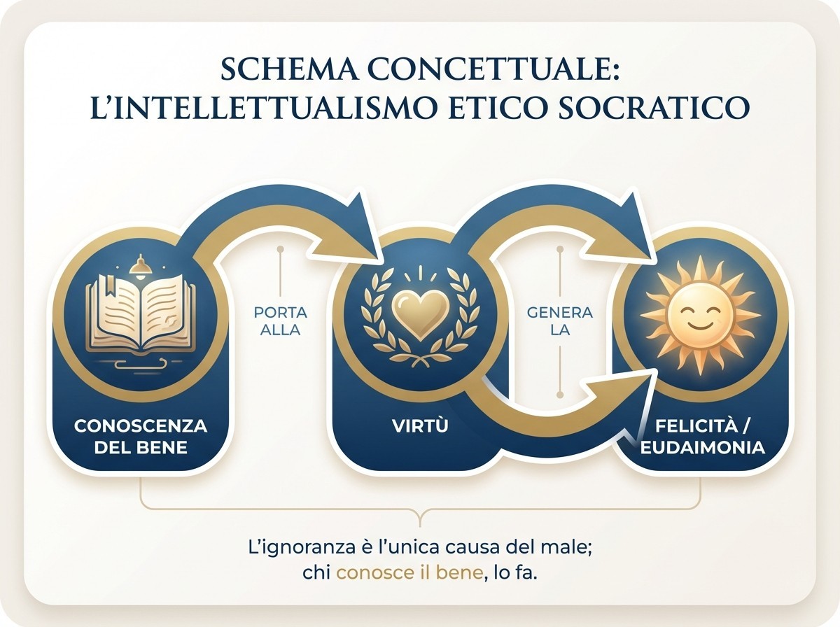 Diagramma sull'intellettualismo etico socratico che collega conoscenza e virtù