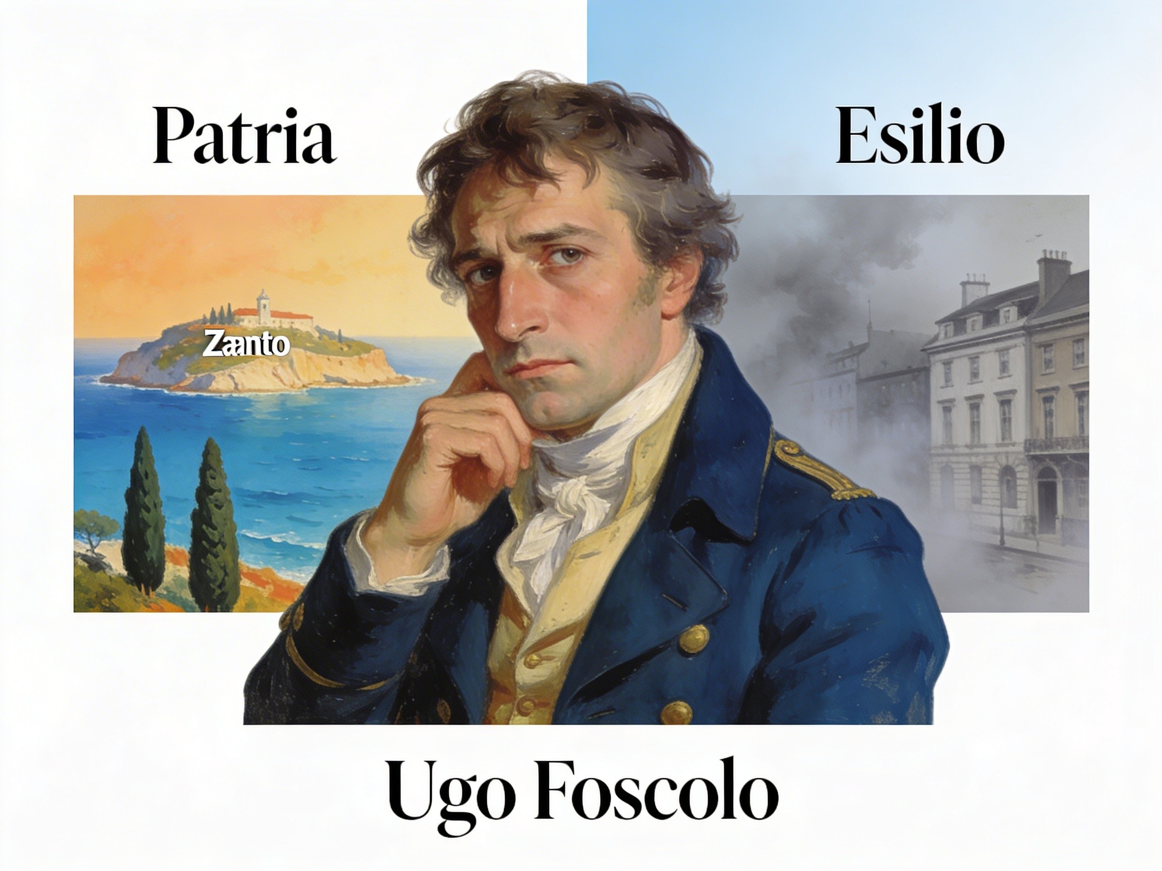 Ritratto di Ugo Foscolo in abiti dell'epoca con sfondo che rappresenta Zante e Londra