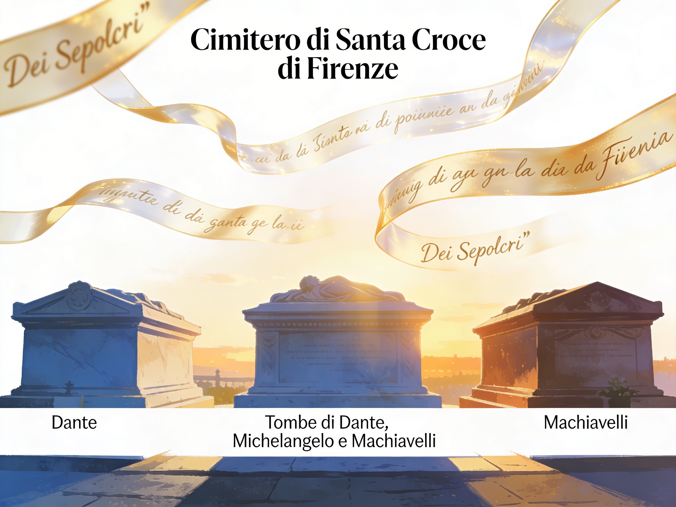Illustrazione concettuale del cimitero di Santa Croce a Firenze con le tombe dei grandi e versi di Dei Sepolcri sovrapposti